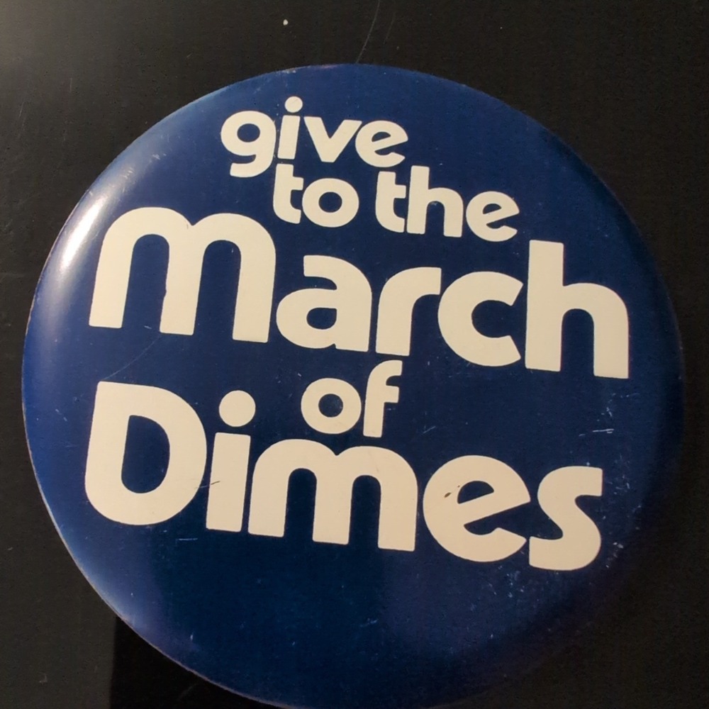 Vintage Give to the March of Dimes Pinback Button Navy Blue White Charity Badge - Picture 1 of 2